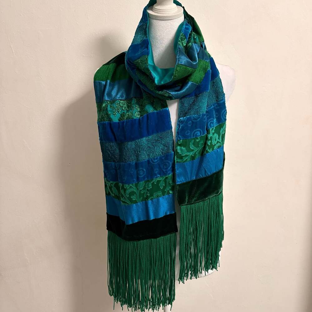 Whimsigoth Patchwork Green Blue Burnout Velvet Fringe Scarf Silk Blend Artsy